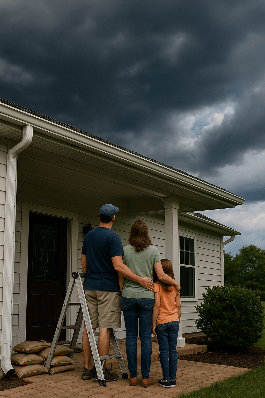 Family preparing Lakeland home for hurricane season under stormy skies with sandbags and ladder