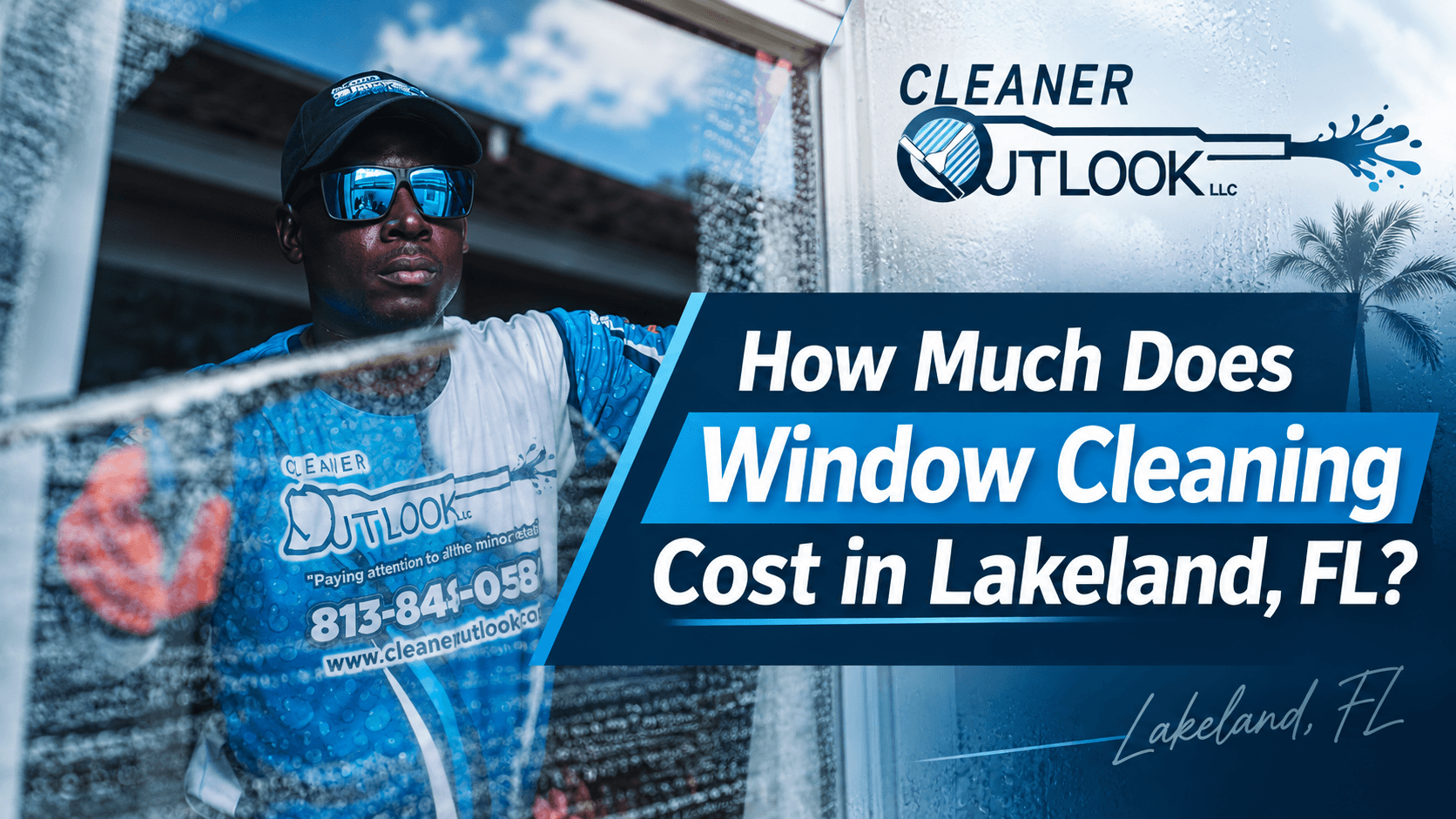 Professional Cleaner Outlook technician cleaning a residential window in Lakeland, FL, for a guide about window cleaning costs.
