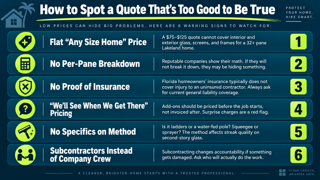 Infographic showing six warning signs of a questionable window cleaning quote, including flat pricing, no per-pane breakdown, no proof of insurance, unclear pricing, vague cleaning methods, and subcontracted crews.
