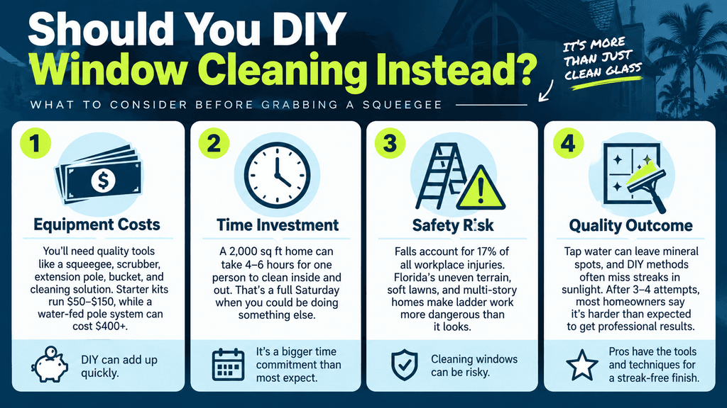 Infographic comparing DIY window cleaning considerations, including equipment costs, time investment, safety risks, and the quality of the final result.