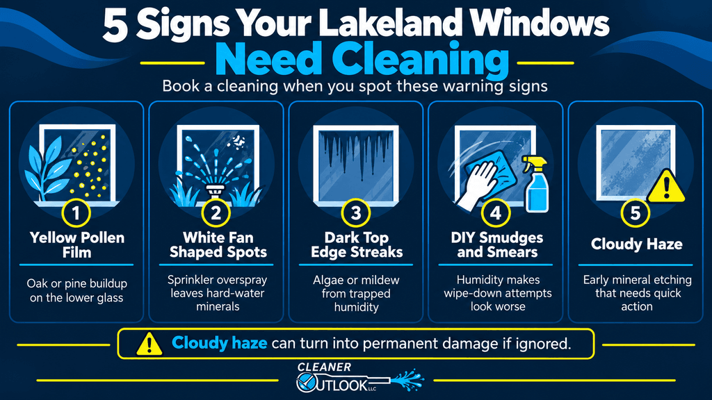 Infographic showing five warning signs that Lakeland, FL windows need cleaning, including yellow pollen film, sprinkler spots, dark top-edge streaks, DIY smudges, and cloudy haze.