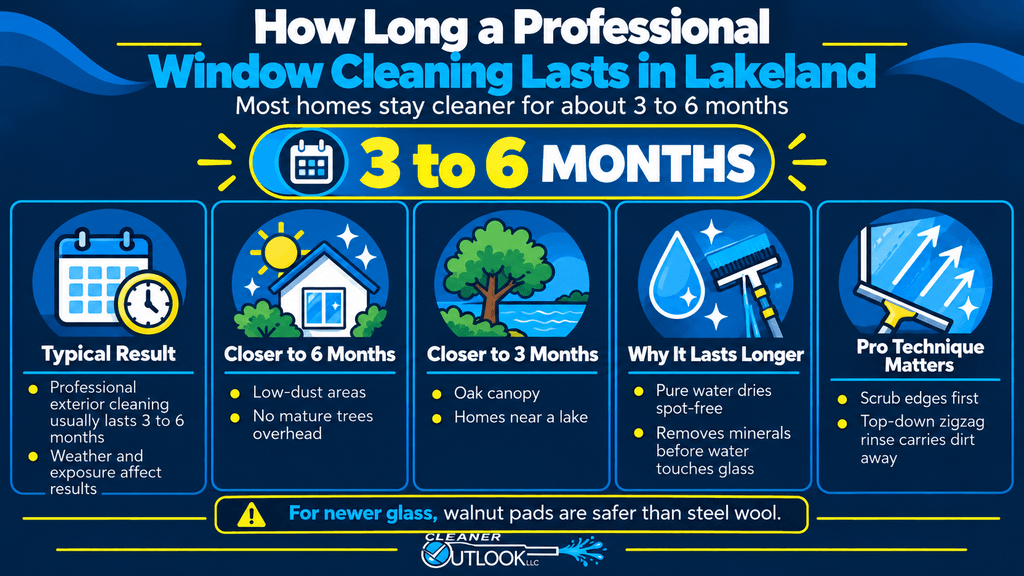 Infographic showing how long professional window cleaning lasts in Lakeland, FL, including a typical three- to six-month range, factors that shorten or extend results, and why pure water and professional technique help windows stay cleaner longer.