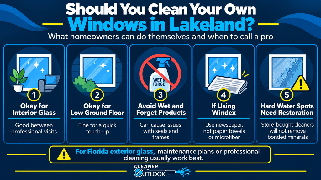 Infographic explaining when Lakeland homeowners can clean windows themselves and when to call a professional, including interior glass, low ground-floor touch-ups, avoiding Wet and Forget products, using newspaper with Windex, and restoring hard-water spots.