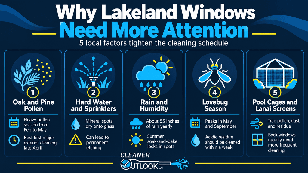 Infographic showing five reasons Lakeland, FL windows need more frequent cleaning, including pollen, hard water, rain and humidity, lovebugs, and pool cage screens.