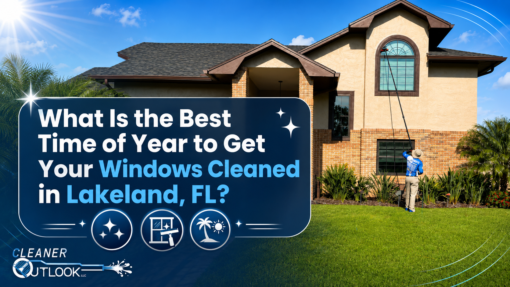 Window cleaning professional using a water-fed pole to clean upper-story windows on a home in Lakeland, FL.