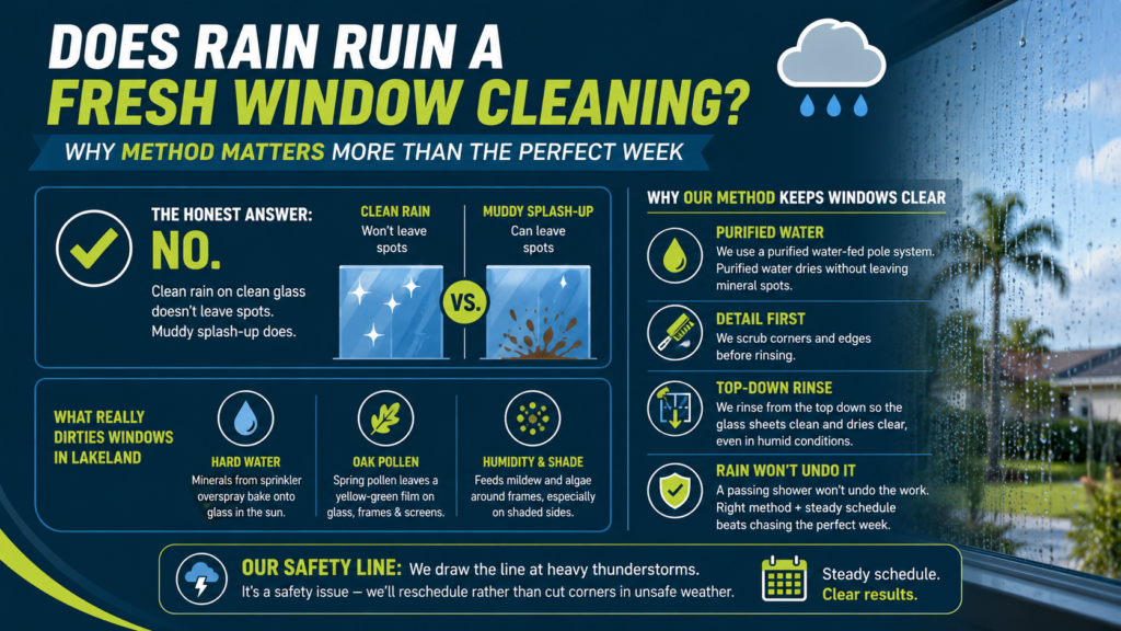 Infographic explaining why rain does not ruin freshly cleaned windows in Lakeland, FL, highlighting purified water, top-down rinsing, clean rain versus muddy splash-up, and storm safety.