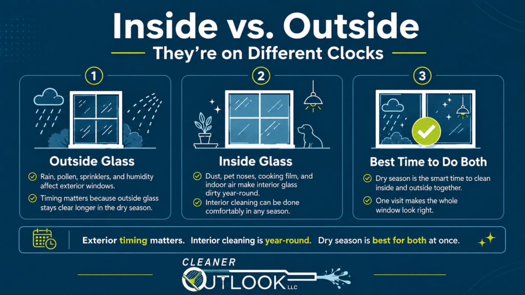 Infographic comparing interior and exterior window cleaning in Lakeland, FL, showing that outside windows are affected by rain, pollen, sprinklers, and humidity, while inside windows collect dust, pet nose prints, and cooking film year-round.