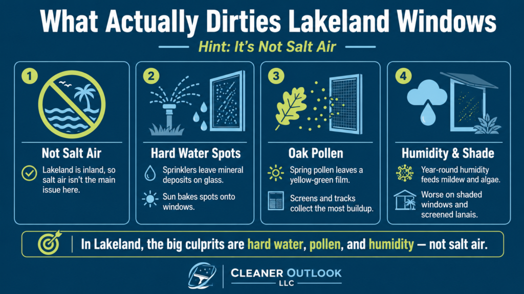 Infographic showing the main causes of dirty windows in Lakeland, FL, including hard water spots, oak pollen, humidity, and shade, while explaining that salt air is not a major local issue.