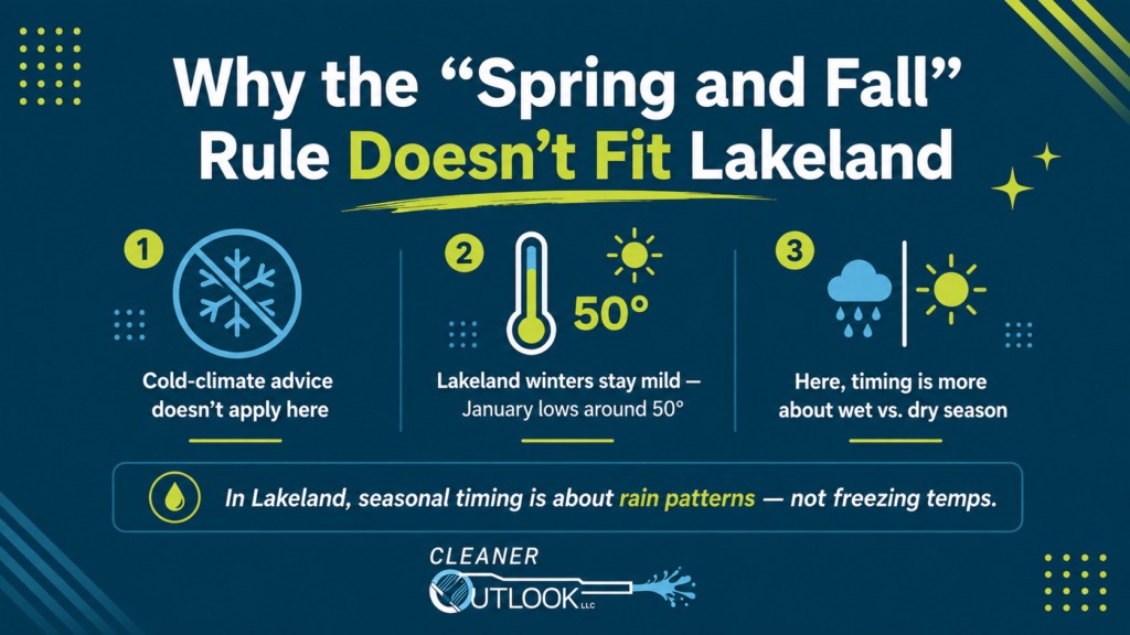 Infographic explaining why Lakeland, FL window cleaning schedules depend more on wet and dry seasons than spring and fall, with mild winter temperatures around 50 degrees.